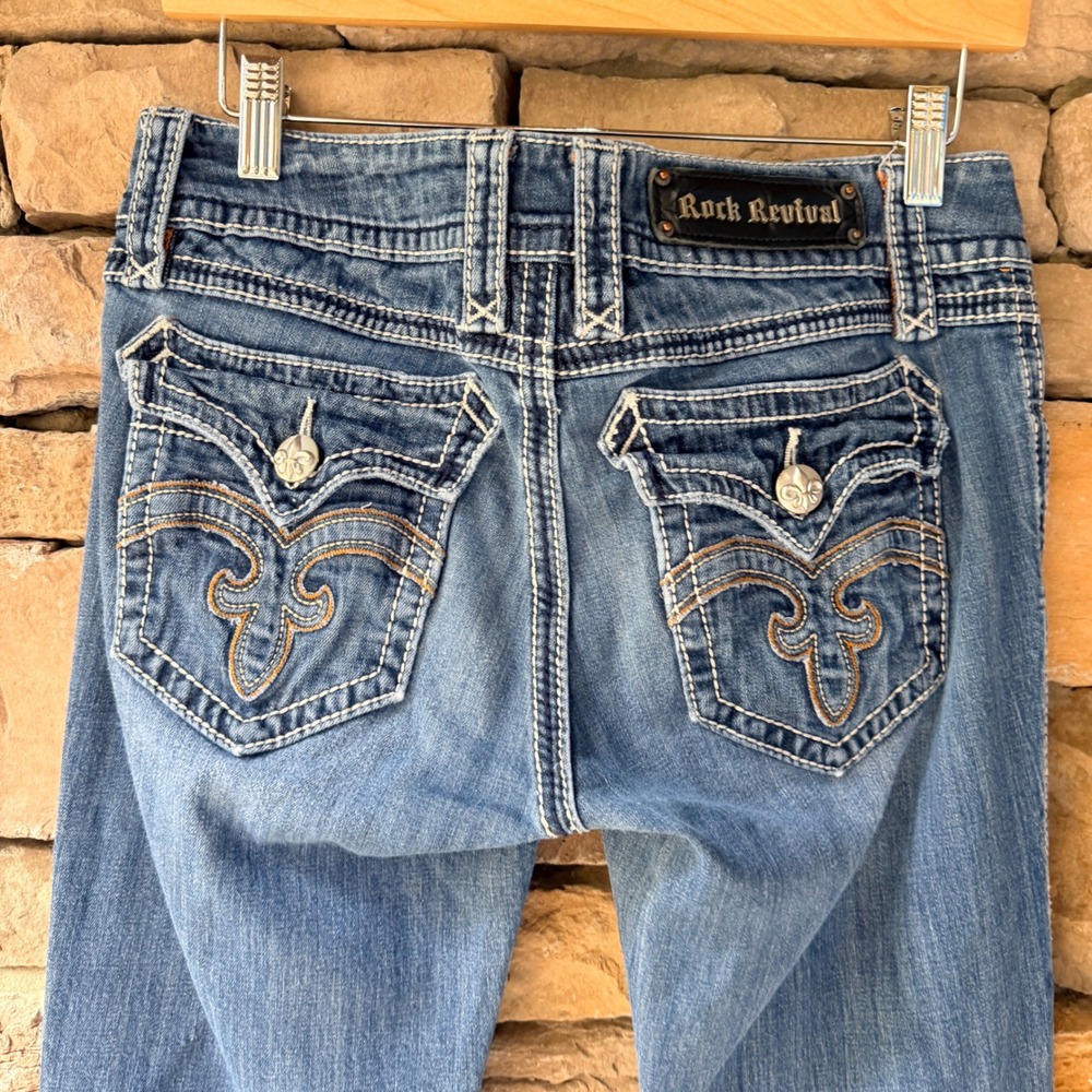 Rock Revival Women 29 Debbie Bootcut Jeans Medium Wash Flap Pocket Western Rodeo
